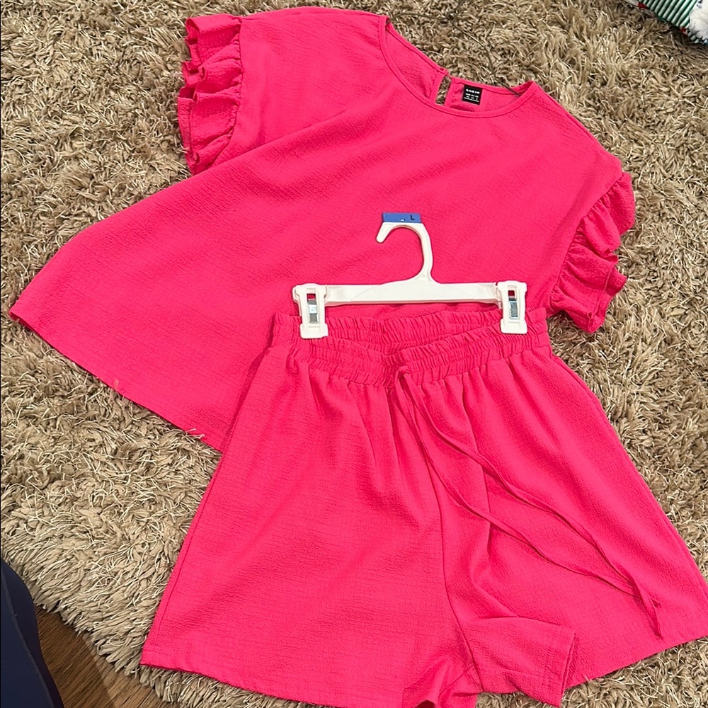 Hot Pink Ruffle Sleeve Top and Elastic Waist Shorts Set